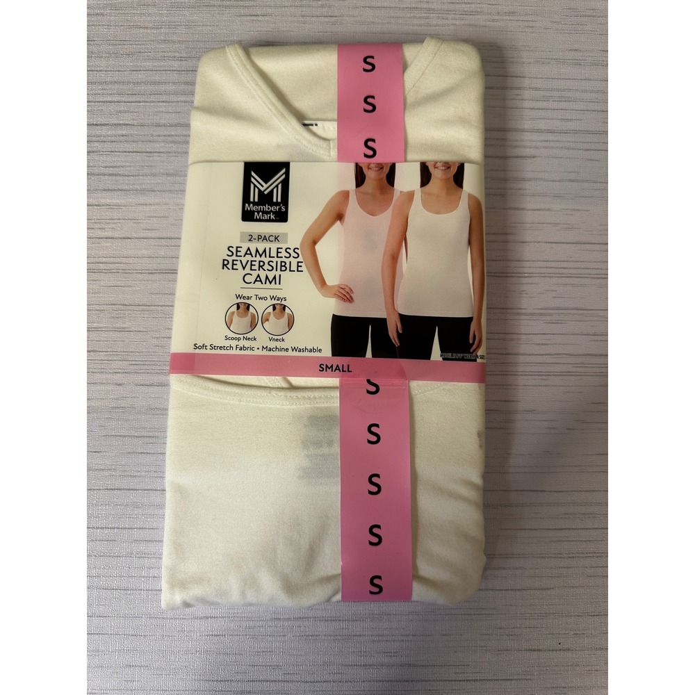 Members Mark 2-Pack Seamless Reversible Cami Small Cream White Scoop V-Neck New